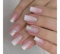 Lot de 24 faux ongles carrés brillants à coller en 12 tailles - Conseils français pour le bricolage, la décoration artistique - Pressez les ongles en forme de cercueil d'amande