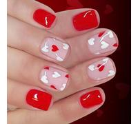 Lot de 24 faux ongles carrés brillants avec cœurs rouges et blancs