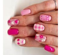 Lot de 24 faux ongles carrés brillants en acrylique Motif fleurs et cœurs Pour femme