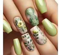 Lot de 24 faux ongles carrés carrés brillants à coller sur les ongles verts