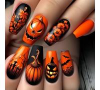 Lot de 24 faux ongles carrés Citrouille Ghostly Art Longueur M Durabilité Finition ABS Facile à appliquer Halloween Party Nail Art