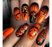 Lot de 24 faux ongles carrés Citrouille Ghostly Art Longueur M Durabilité Finition ABS Facile à appliquer Halloween Fête Nail Art 24 pièces