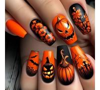 Lot de 24 faux ongles carrés Citrouille Ghostly Art Longueur M Durabilité Finition ABS Facile à appliquer Halloween Fête Nail Art 24 pièces