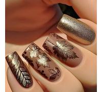 Lot de 24 faux ongles carrés conçus avec des feuilles dorées scintillantes pour l'automne et l'hiver