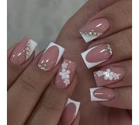 Lot de 24 faux ongles carrés courts à coller avec strass - Blanc - Motif fleurs blanches - Accessoires de nail art pour femme