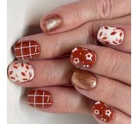 Lot de 24 faux ongles carrés courts à coller sur les ongles Motif fleurs et lignes