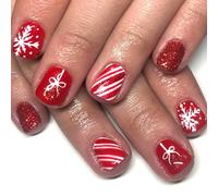 Lot de 24 faux ongles carrés courts à paillettes festives en ABS pour femme - Application facile - Sans danger - Pour Noël - Rouge