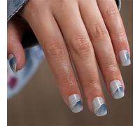 Lot de 24 faux ongles carrés courts à pointe française brillante pour femme avec dégradé de motifs de peinture de paysage