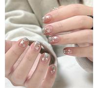 Lot de 24 faux ongles carrés courts à presser Argenté Paillettes Décoration d'ongles Style Punk Manciure pour femmes et filles