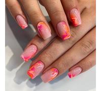 Lot de 24 faux ongles carrés courts à presser en marbre rose orange avec | Finition brillante semblable à de la gelée, tourbillons français ombrés, largeurs assorties, pour un usage quotidien