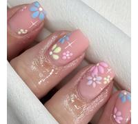 Lot de 24 faux ongles carrés courts à presser - Fleur rose pastel French Tip - À coller avec onglet adhésive en gelée - Faux ongles en acrylique - Pour femme - Coffret cadeau