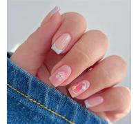 Lot de 24 faux ongles carrés courts à presser - Motif floral délicat - Blush - Décoration d'ongles française - Pour femmes et filles