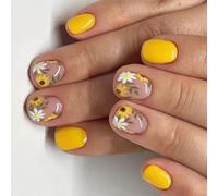 Lot de 24 faux ongles carrés courts avec effet brillant Motif fleurs jaunes