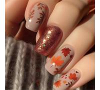 Lot de 24 faux ongles carrés courts avec feuilles d'érable d'automne pour femme