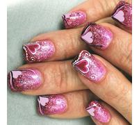 Lot de 24 faux ongles carrés courts avec motifs cœurs pailletés en acrylique pour la Saint-Valentin