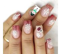 Lot de 24 faux ongles carrés courts avec motifs flocons de neige et bonshommes de neige sur le thème de l'hiver