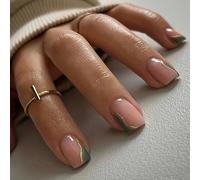 Lot de 24 faux ongles carrés courts avec tourbillon doré vert émeraude - Feuille d'or - À presser - Amovible - Couverture complète - Accessoires pour nail art pour femme