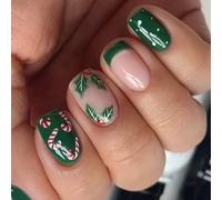 Lot de 24 faux ongles carrés courts de Noël Motif bonbons verts Pour fêtes de fin d'année