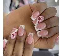 Lot de 24 faux ongles carrés courts et blancs avec motifs de cœurs pour décoration de fête Saint-Valentin