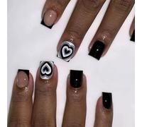 Lot de 24 faux ongles carrés courts pour la Saint-Valentin Motif cœurs Noir/blanc