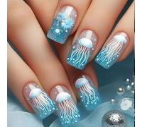 Lot de 24 faux ongles carrés de taille moyenne Bleu givré Art Faux ongles à presser confortables pour femme Événement Bleu glacier Carré Effet gel ABS