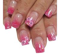 Lot de 24 faux ongles carrés de taille moyenne - Motif fleurs - À coller - Paillettes scintillantes