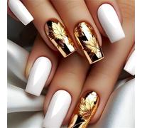 Lot de 24 faux ongles carrés dorés et blancs brillants motif feuilles d'érable artificielles à presser pour nail art