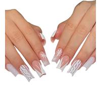 Lot de 24 faux ongles carrés élégants en acrylique avec motifs flocons de neige