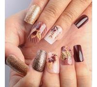 Lot de 24 faux ongles carrés en acrylique pailleté Motif fleurs et feuilles