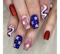 Lot de 24 faux ongles carrés en forme d'étoile le 4 juillet, couverture complète à coller sur le jour de l'indépendance en acrylique
