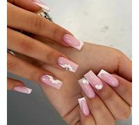 Lot de 24 faux ongles carrés longs à coller avec lime à ongles et bâton en bois pour une application facile