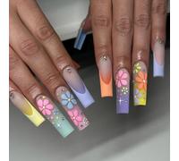 Lot de 24 faux ongles carrés longs à presser avec fleurs colorées dégradées pour décoration d'ongles d'été pour femmes et filles