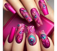 Lot de 24 faux ongles carrés longs à presser pour femme avec motifs à plumes rose vif