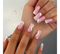 Lot de 24 faux ongles carrés longs avec lime et bâtons en bois à coller sur les ongles