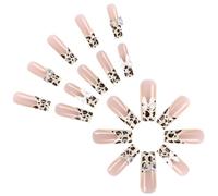 Lot de 24 faux ongles carrés longs en acrylique avec nœuds 3D à coller sur les ongles French Tip - Imprimé léopard