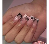 Lot de 24 faux ongles carrés moyens à presser Motif floral Patchwork Décoration d'ongles French Brillant Pour femmes et filles