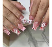 Lot de 24 faux ongles carrés moyens avec nœuds - Pour French manucure - Pour la Saint-Valentin