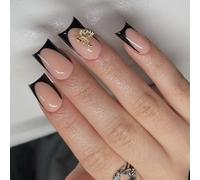 Lot de 24 faux ongles carrés noirs à coller sur le thème du festival - Papillon artificiel