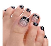 Lot de 24 faux ongles carrés noirs avec motifs de fleurs et pierres éblouissantes - Longue durée - Fleurs noires scintillantes