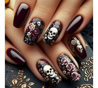 Lot de 24 faux ongles carrés pour Halloween Motif squelette floral Pour fêtes et événements créatifs