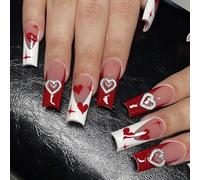 Lot de 24 faux ongles cercueil avec cœur d'amour, motifs français, à coller, décoration de manucure, cadeaux de Saint-Valentin, couverture complète à coller