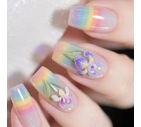 Lot de 24 faux ongles colorés carrés à coller avec de belles fleurs acryliques brillantes