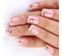 Lot de 24 faux ongles courts à coller - Pour la Saint-Valentin - French Tip - À coller - En acrylique - En forme de cœur - Couverture complète