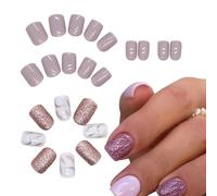 Lot de 24 faux ongles courts à paillettes avec languettes adhésives, violet et blanc pour nail art, ongles élégants et brillants à coller sur les ongles, couverture complète pour femmes et filles