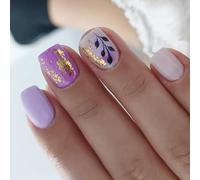 Lot de 24 faux ongles courts à paillettes - Feuille d'or violet - Sans colle nécessaire - Embouts ABS à presser