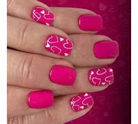 Lot de 24 faux ongles courts à paillettes - Motifs cœurs blancs - En ABS - Décorations de Saint-Valentin