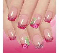 Lot de 24 faux ongles courts à paillettes style français pour la Saint-Valentin, motifs de flammes, en ABS, faciles à appliquer, plusieurs tailles, ongles courts et carrés