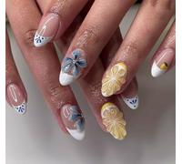 Lot de 24 faux ongles courts à presser avec motif floral 3D bleu et blanc - Faux ongles réutilisables avec dessus en résine, matériau ABS respectueux de l'environnement, sûr et non toxique, comprend