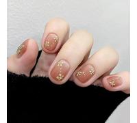 Lot de 24 faux ongles courts à presser carrés - Marron rouge ombré - Paillettes dorées - Fleurs et papillons - Pour femme - Pour le printemps et l'été