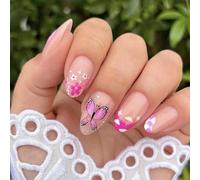 Lot de 24 faux ongles courts à presser en forme d'amande avec fleurs et papillons